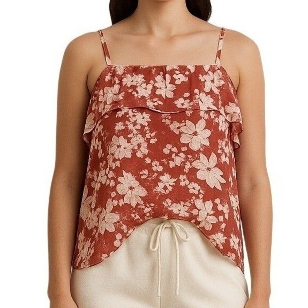 Evereve Womens Cami Top XS Rust Floral Mesh Ruffle Overlay Romantic Cottagecore